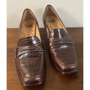 Block Kitten Heel Loafer Brown Faux Croc Leather Slip On Sofft 8.5 Comfort